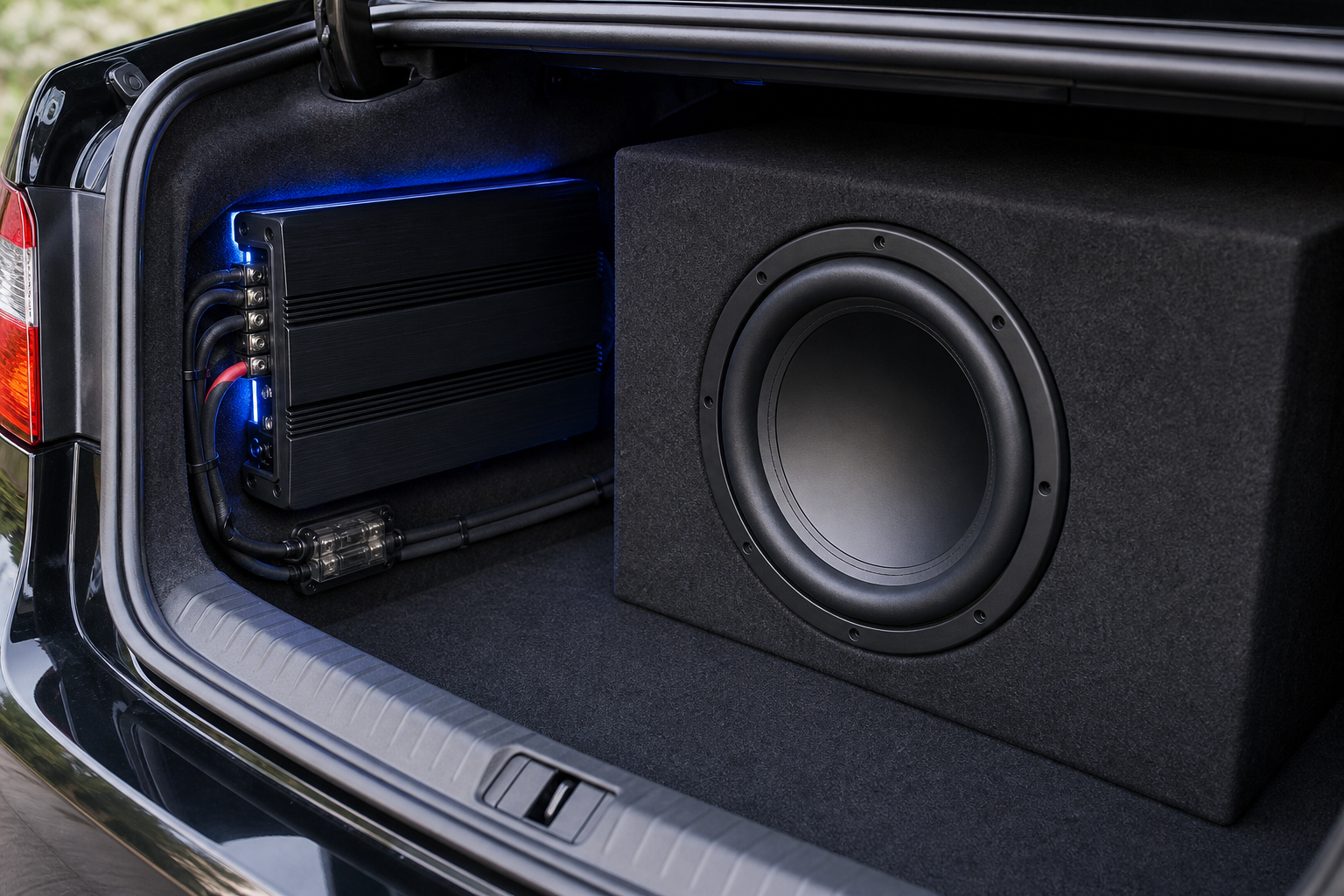 Amplificatore e subwoofer per car audio installati nel bagagliaio di un'auto