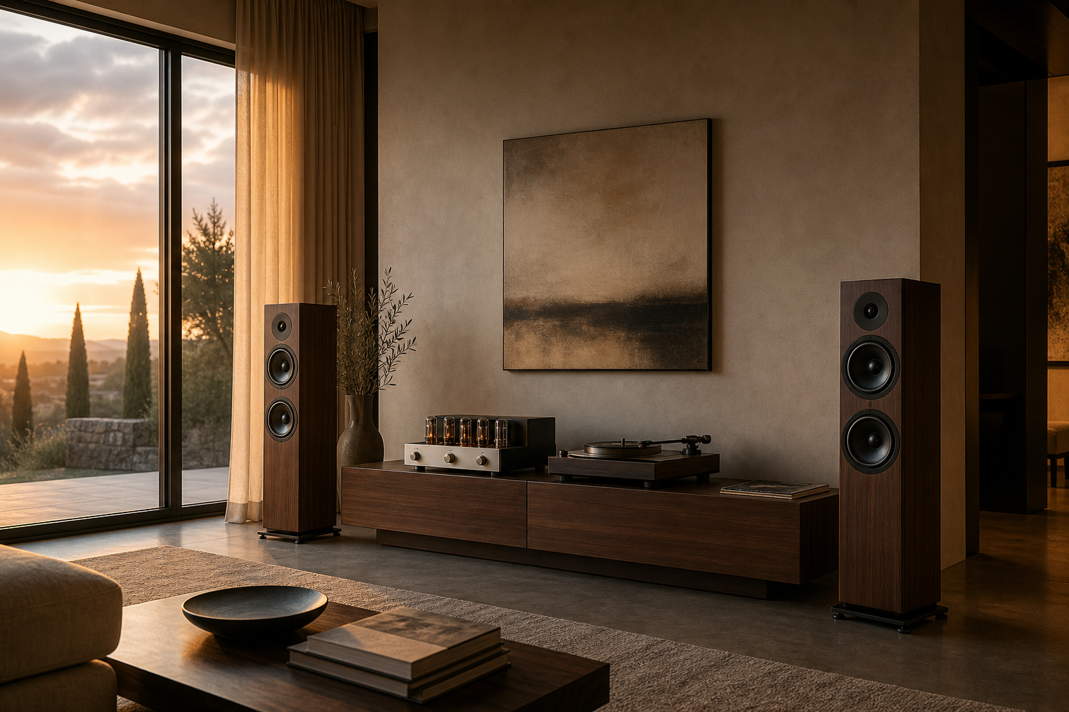 Salotto con impianto hi-fi e home cinema installato su misura