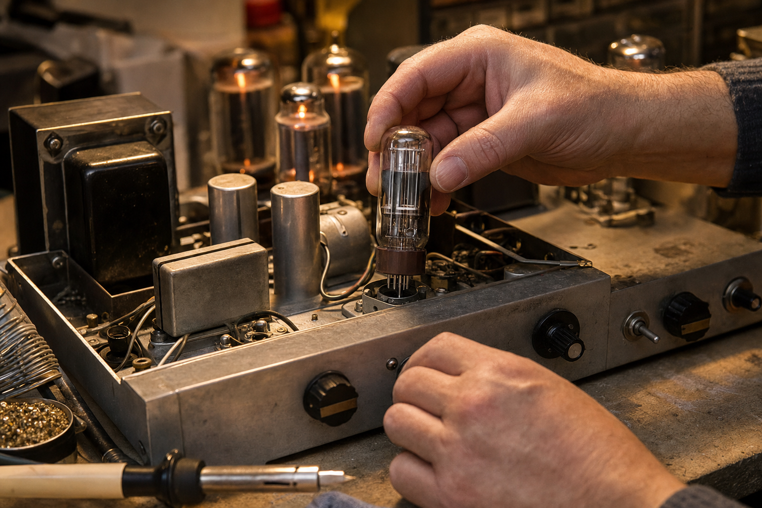Tecnico ripara le valvole di un amplificatore vintage in laboratorio
