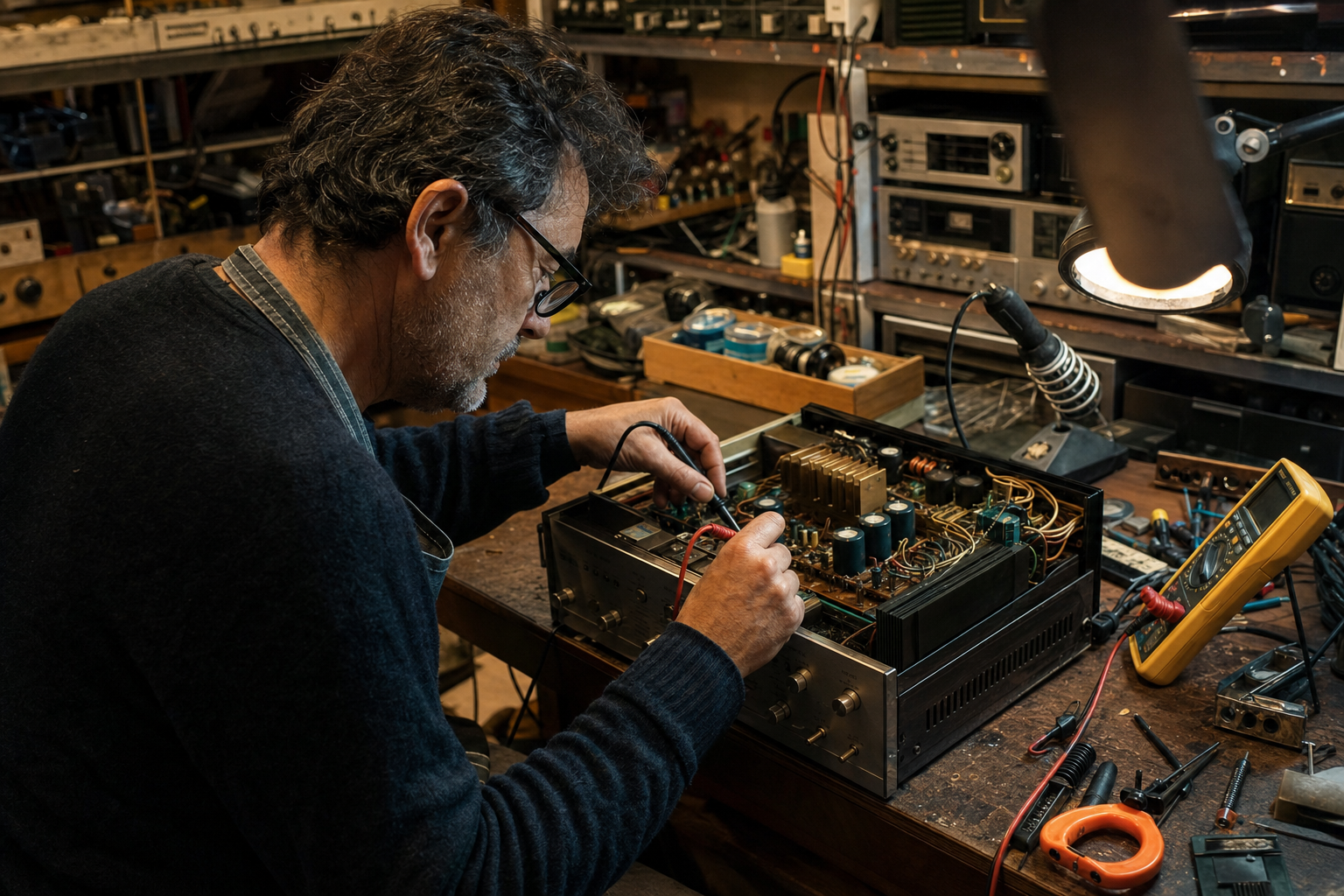 Luca Marino al lavoro nel laboratorio di riparazione amplificatori di Belluno